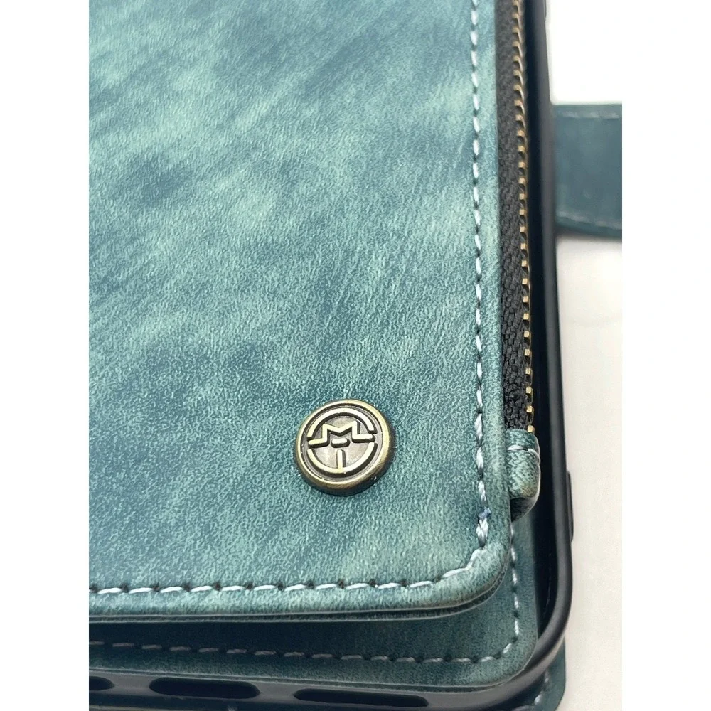 CaseMe Blue Vintage Leather Wallet Phone Case Zipper Card Holder Wristlet Strap